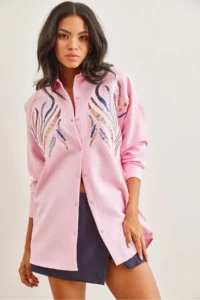 Olalook Women's Candy Pink Sequined Wool Effect Oversize Winter Shirt