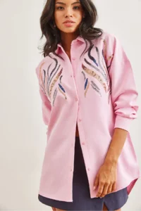 Olalook Women's Candy Pink Sequined Wool Effect Oversize Winter Shirt - Image 2