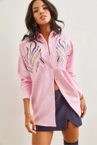 Olalook Women's Candy Pink Sequined Wool Effect Oversize Winter Shirt - Image 3
