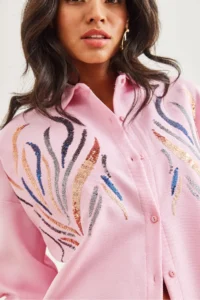 Olalook Women's Candy Pink Sequined Wool Effect Oversize Winter Shirt - Image 4