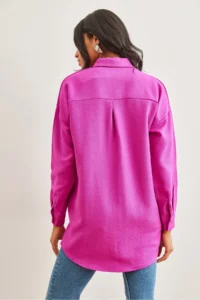 Olalook Women's Fuchsia Sequined Wool Effect Oversize Winter Shirt - Image 2