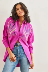 Olalook Women's Fuchsia Sequined Wool Effect Oversize Winter Shirt - Image 3