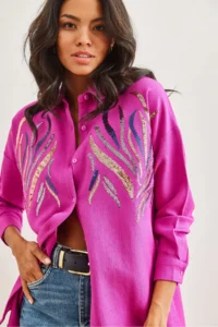 Olalook Women's Fuchsia Sequined Wool Effect Oversize Winter Shirt - Image 4