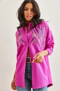 Olalook Women's Fuchsia Sequined Wool Effect Oversize Winter Shirt - Image 5