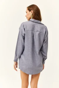 Olalook Women's Indigo Sequined Wool Effect Oversize Winter Shirt - Image 2