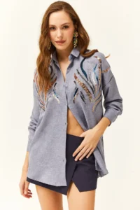 Olalook Women's Indigo Sequined Wool Effect Oversize Winter Shirt - Image 3