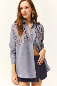 Olalook Women's Indigo Sequined Wool Effect Oversize Winter Shirt - Image 4