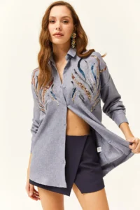 Olalook Women's Indigo Sequined Wool Effect Oversize Winter Shirt - Image 5