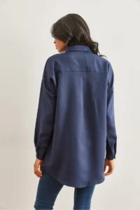 Olalook Women's Navy Blue Sequined Wool Effect Oversize Winter Shirt - Image 2