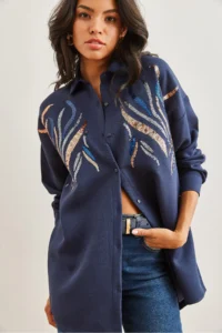 Olalook Women's Navy Blue Sequined Wool Effect Oversize Winter Shirt - Image 3