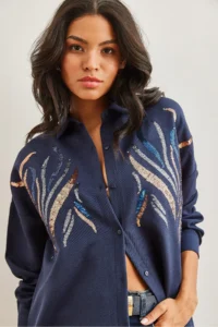 Olalook Women's Navy Blue Sequined Wool Effect Oversize Winter Shirt - Image 4