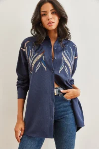 Olalook Women's Navy Blue Sequined Wool Effect Oversize Winter Shirt - Image 5