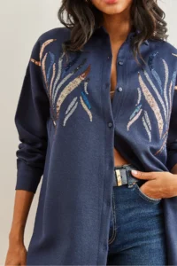 Olalook Women's Navy Blue Sequined Wool Effect Oversize Winter Shirt - Image 6