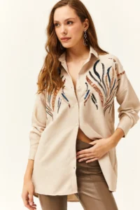 Olalook Women's Stone Sequined Wool Effect Oversize Winter Shirt
