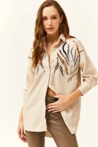 Olalook Women's Stone Sequined Wool Effect Oversize Winter Shirt - Image 2