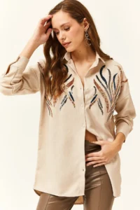 Olalook Women's Stone Sequined Wool Effect Oversize Winter Shirt - Image 3