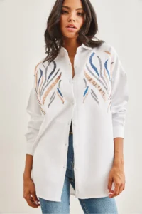 Olalook Women's White Sequined Wool Effect Oversize Winter Shirt
