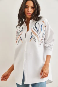 Olalook Women's White Sequined Wool Effect Oversize Winter Shirt - Image 2