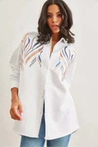 Olalook Women's White Sequined Wool Effect Oversize Winter Shirt - Image 3