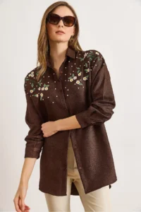 Olalook Women's Bitter Brown Embroidered Pearls and Wool Effect Oversize Winter Shirt