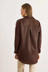 Olalook Women's Bitter Brown Embroidered Pearls and Wool Effect Oversize Winter Shirt - Image 2