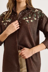 Olalook Women's Bitter Brown Embroidered Pearls and Wool Effect Oversize Winter Shirt - Image 3