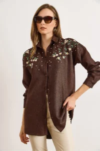 Olalook Women's Bitter Brown Embroidered Pearls and Wool Effect Oversize Winter Shirt - Image 4