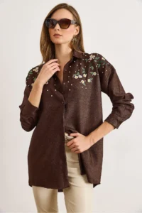 Olalook Women's Bitter Brown Embroidered Pearls and Wool Effect Oversize Winter Shirt - Image 5
