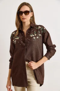 Olalook Women's Bitter Brown Embroidered Pearls and Wool Effect Oversize Winter Shirt - Image 6