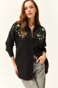 Olalook Women's Black Embroidered Pearled Wool Effect Oversize Winter Shirt