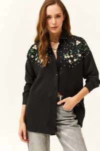 Olalook Women's Black Embroidered Pearled Wool Effect Oversize Winter Shirt - Image 2