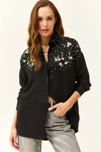 Olalook Women's Black Embroidered Pearled Wool Effect Oversize Winter Shirt - Image 3