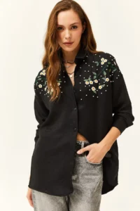 Olalook Women's Black Embroidered Pearled Wool Effect Oversize Winter Shirt - Image 4