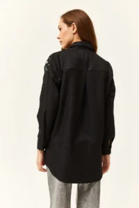 Olalook Women's Black Embroidered Pearled Wool Effect Oversize Winter Shirt - Image 5