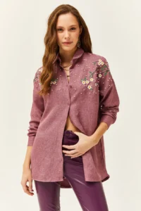 Olalook Women's Dusty Rose Embroidered Pearls and Wool Effect Oversize Winter Shirt - Image 2