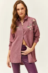 Olalook Women's Dusty Rose Embroidered Pearls and Wool Effect Oversize Winter Shirt - Image 3