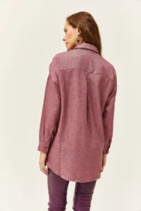 Olalook Women's Dusty Rose Embroidered Pearls and Wool Effect Oversize Winter Shirt - Image 4