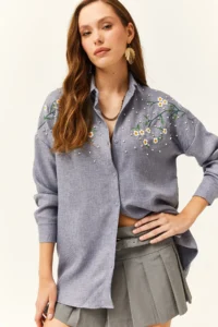 Olalook Women's Indigo Embroidered Pearled Wool Effect Oversize Winter Shirt