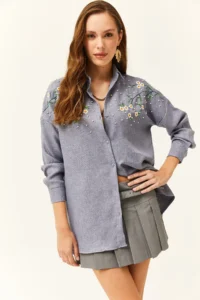 Olalook Women's Indigo Embroidered Pearled Wool Effect Oversize Winter Shirt - Image 2