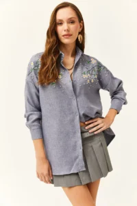 Olalook Women's Indigo Embroidered Pearled Wool Effect Oversize Winter Shirt - Image 3