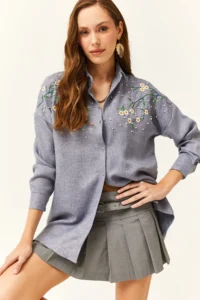 Olalook Women's Indigo Embroidered Pearled Wool Effect Oversize Winter Shirt - Image 4