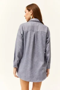 Olalook Women's Indigo Embroidered Pearled Wool Effect Oversize Winter Shirt - Image 5