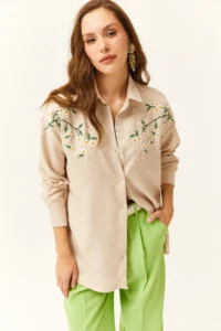 Olalook Women's Stone Embroidered Pearled Wool Effect Oversize Winter Shirt