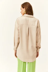 Olalook Women's Stone Embroidered Pearled Wool Effect Oversize Winter Shirt - Image 2