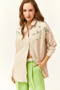 Olalook Women's Stone Embroidered Pearled Wool Effect Oversize Winter Shirt - Image 3