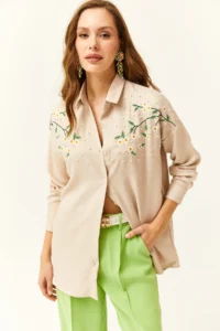 Olalook Women's Stone Embroidered Pearled Wool Effect Oversize Winter Shirt - Image 4