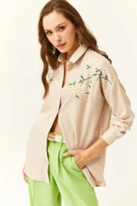 Olalook Women's Stone Embroidered Pearled Wool Effect Oversize Winter Shirt - Image 5