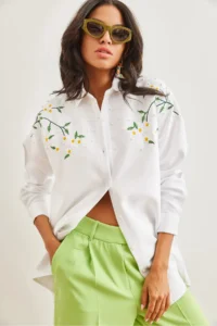 Olalook Women's White Embroidered Pearled Wool Effect Oversize Winter Shirt