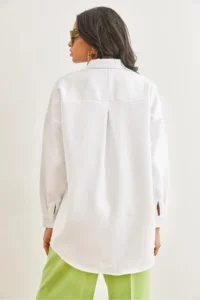 Olalook Women's White Embroidered Pearled Wool Effect Oversize Winter Shirt - Image 2