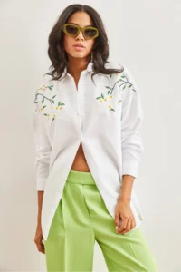 Olalook Women's White Embroidered Pearled Wool Effect Oversize Winter Shirt - Image 3